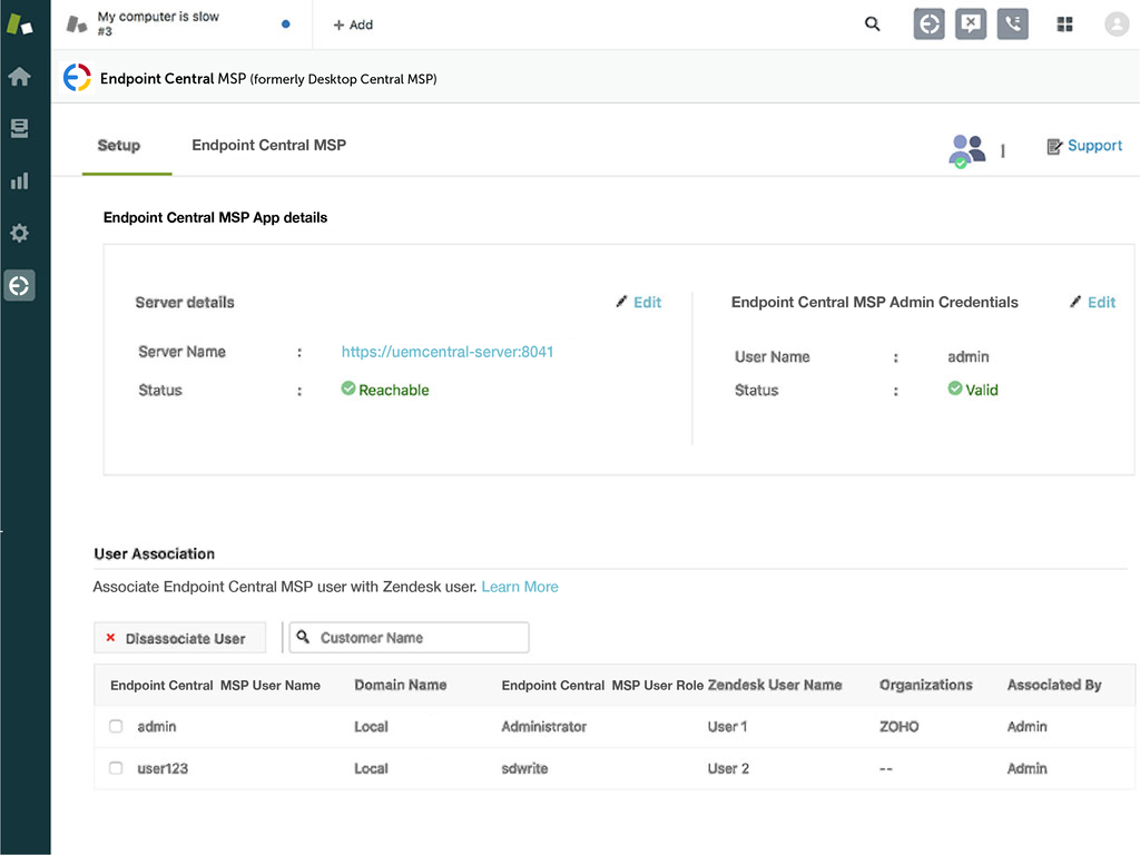 Endpoint Central MSP App Integration with Zendesk Support